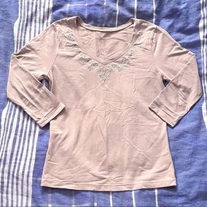 Tan Embroidered V-neck 3/4 Sleeve Blouse [Size S] 🍂